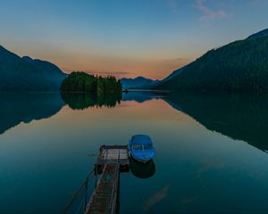 Preview wallpaper pier, boat, lake, mountains, twilight