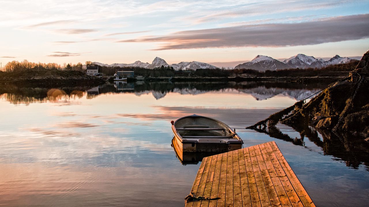 Wallpaper pier, boat, lake, mountains, landscape