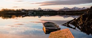 Preview wallpaper pier, boat, lake, mountains, landscape