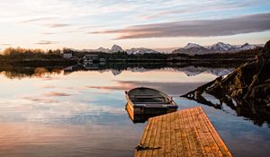 Preview wallpaper pier, boat, lake, mountains, landscape