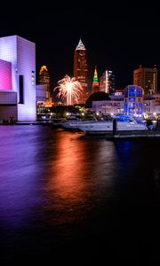 Preview wallpaper pier, boats, building, fireworks, dark