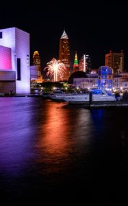Preview wallpaper pier, boats, building, fireworks, dark