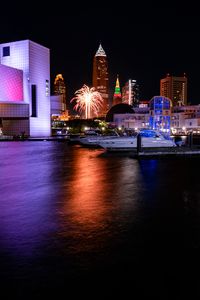 Preview wallpaper pier, boats, building, fireworks, dark