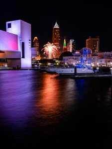 Preview wallpaper pier, boats, building, fireworks, dark