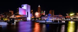 Preview wallpaper pier, boats, building, fireworks, dark