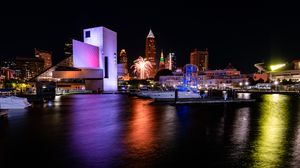 Preview wallpaper pier, boats, building, fireworks, dark