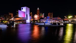 Preview wallpaper pier, boats, building, fireworks, dark