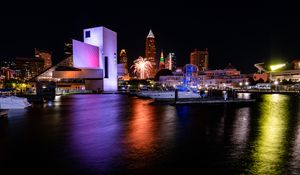 Preview wallpaper pier, boats, building, fireworks, dark