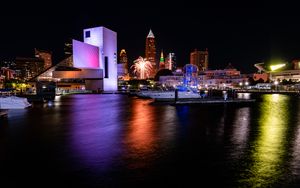 Preview wallpaper pier, boats, building, fireworks, dark