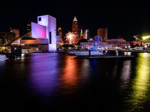 Preview wallpaper pier, boats, building, fireworks, dark