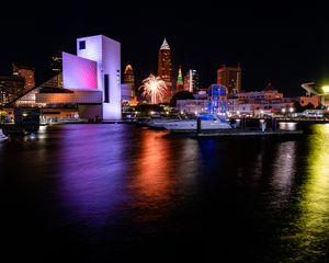 Preview wallpaper pier, boats, building, fireworks, dark
