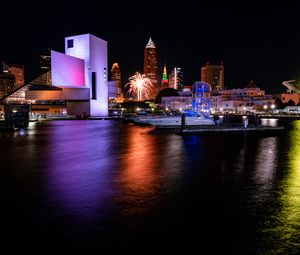 Preview wallpaper pier, boats, building, fireworks, dark