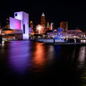 Preview wallpaper pier, boats, building, fireworks, dark