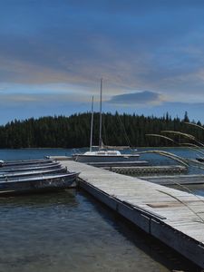 Preview wallpaper pier, boats, forest, nature