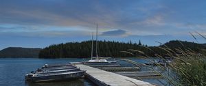 Preview wallpaper pier, boats, forest, nature