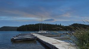 Preview wallpaper pier, boats, forest, nature
