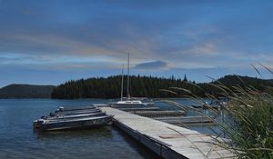 Preview wallpaper pier, boats, forest, nature