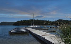 Preview wallpaper pier, boats, forest, nature