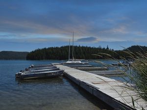 Preview wallpaper pier, boats, forest, nature