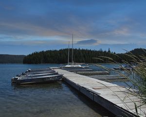 Preview wallpaper pier, boats, forest, nature