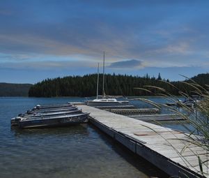 Preview wallpaper pier, boats, forest, nature