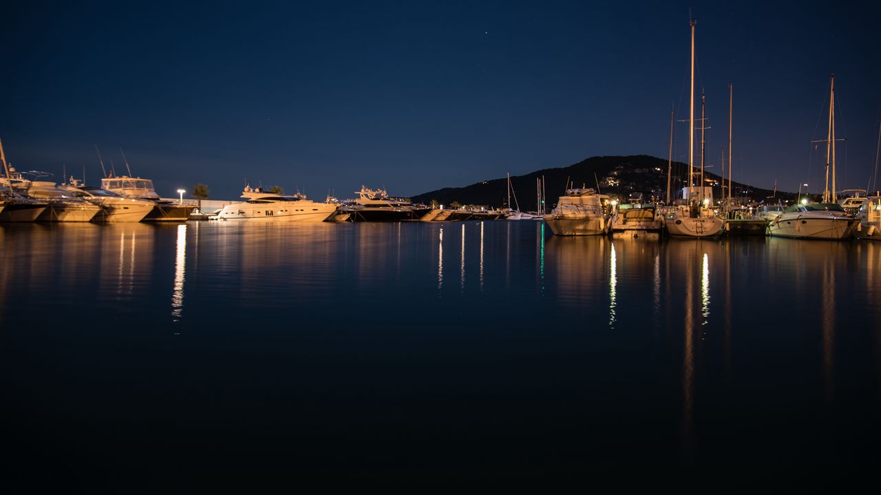 Wallpaper pier, boats, lake, reflection, night