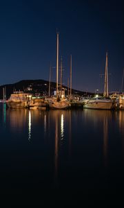 Preview wallpaper pier, boats, lake, reflection, night