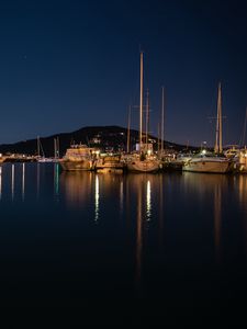 Preview wallpaper pier, boats, lake, reflection, night