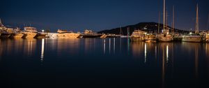 Preview wallpaper pier, boats, lake, reflection, night