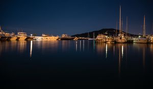 Preview wallpaper pier, boats, lake, reflection, night