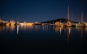 Preview wallpaper pier, boats, lake, reflection, night