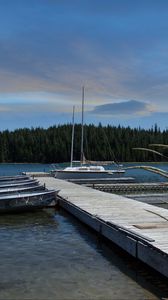 Preview wallpaper pier, boats, mast, river, trees