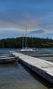 Preview wallpaper pier, boats, mast, river, trees