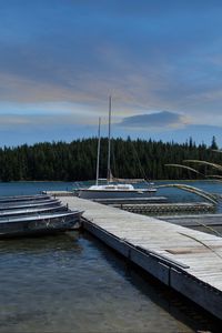 Preview wallpaper pier, boats, mast, river, trees