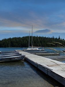 Preview wallpaper pier, boats, mast, river, trees