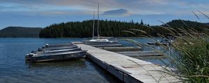 Preview wallpaper pier, boats, mast, river, trees