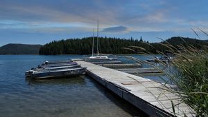 Preview wallpaper pier, boats, mast, river, trees