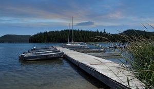 Preview wallpaper pier, boats, mast, river, trees