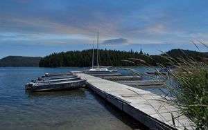 Preview wallpaper pier, boats, mast, river, trees