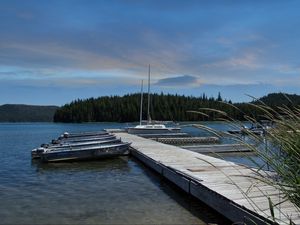 Preview wallpaper pier, boats, mast, river, trees