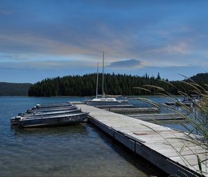 Preview wallpaper pier, boats, mast, river, trees