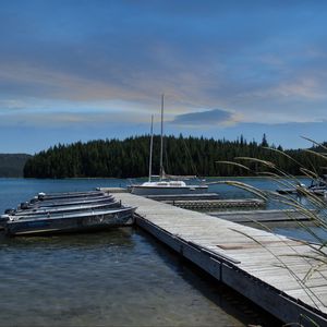 Preview wallpaper pier, boats, mast, river, trees