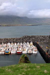 Preview wallpaper pier, boats, sea, mountains