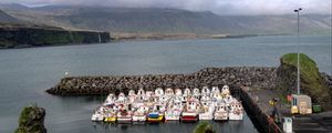 Preview wallpaper pier, boats, sea, mountains