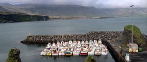 Preview wallpaper pier, boats, sea, mountains