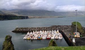 Preview wallpaper pier, boats, sea, mountains