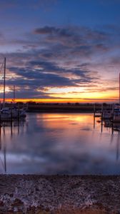 Preview wallpaper pier, boats, water, sunset, landscape