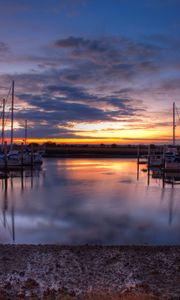 Preview wallpaper pier, boats, water, sunset, landscape