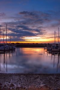 Preview wallpaper pier, boats, water, sunset, landscape