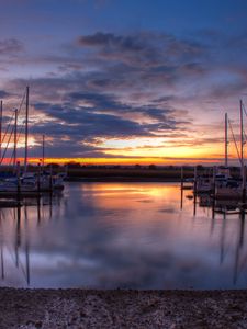 Preview wallpaper pier, boats, water, sunset, landscape